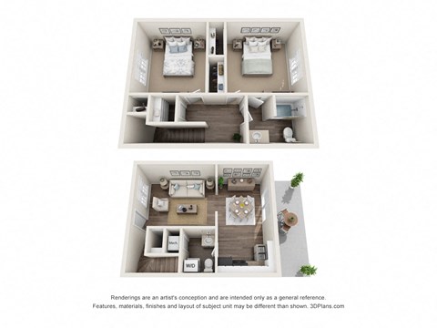 a stylized floor plan with a bedroom and a living room
